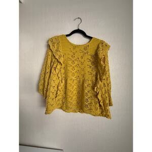 Anthropologie Yellow Lace Long Sleeve Ruffle Blouse Top Size 10 Boho Romantic